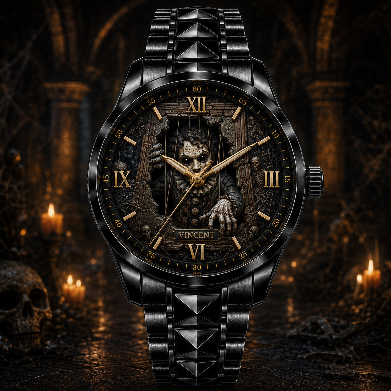 Custom Haunted Puppet Crypt Watch — personalized with a custom name