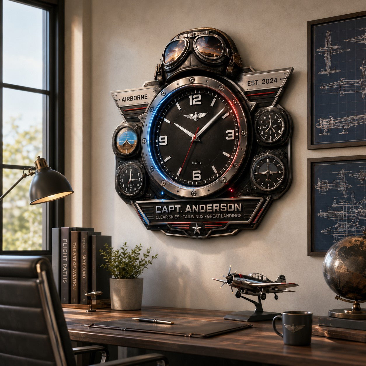 Personalized Pilot Aviation Custom Name Wall Clock — personalized with a custom name