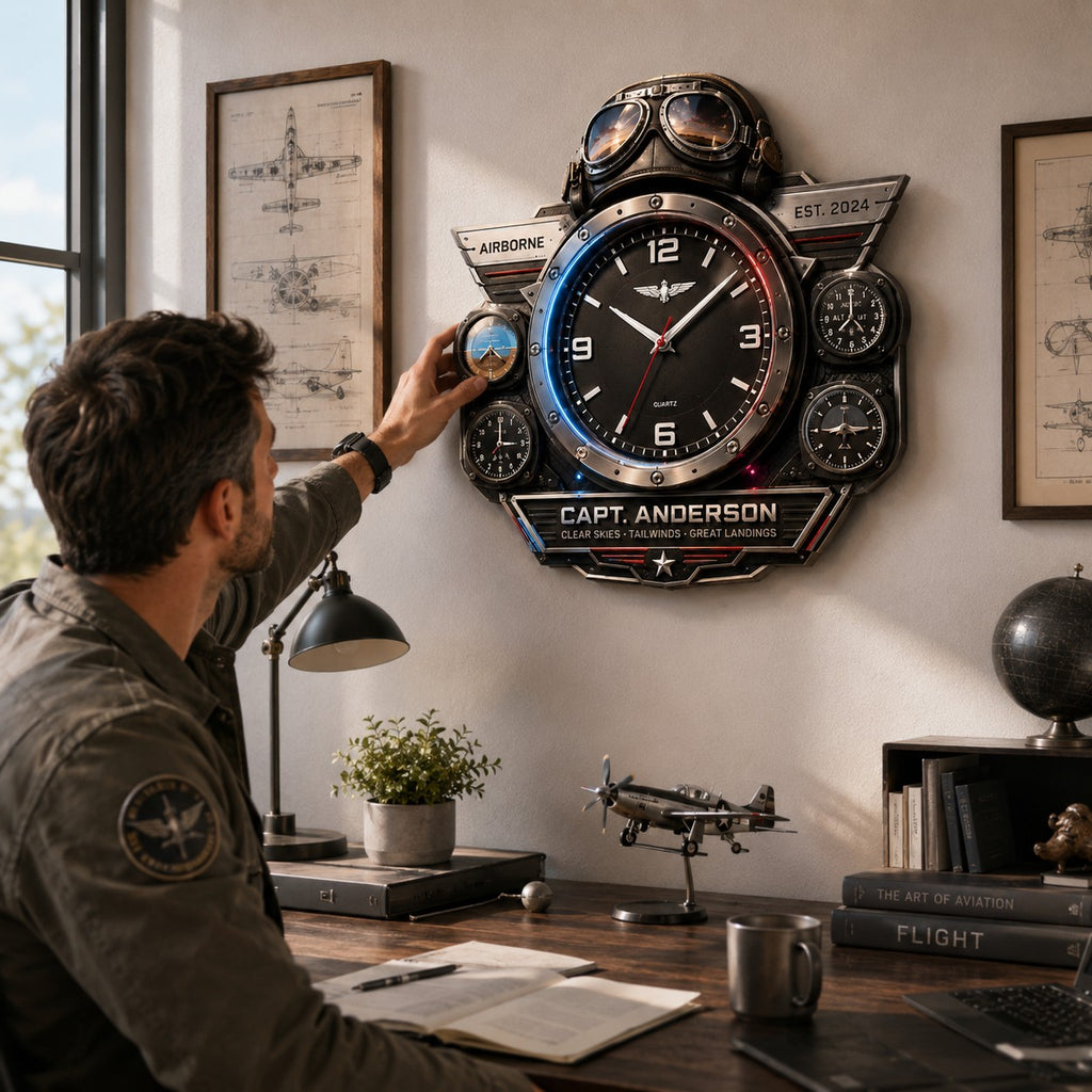 Personalized Pilot Aviation Custom Name Wall Clock — personalized with a custom name