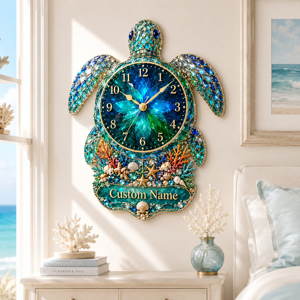 Sea turtle Custom Name Wall Clock — personalized with a custom name