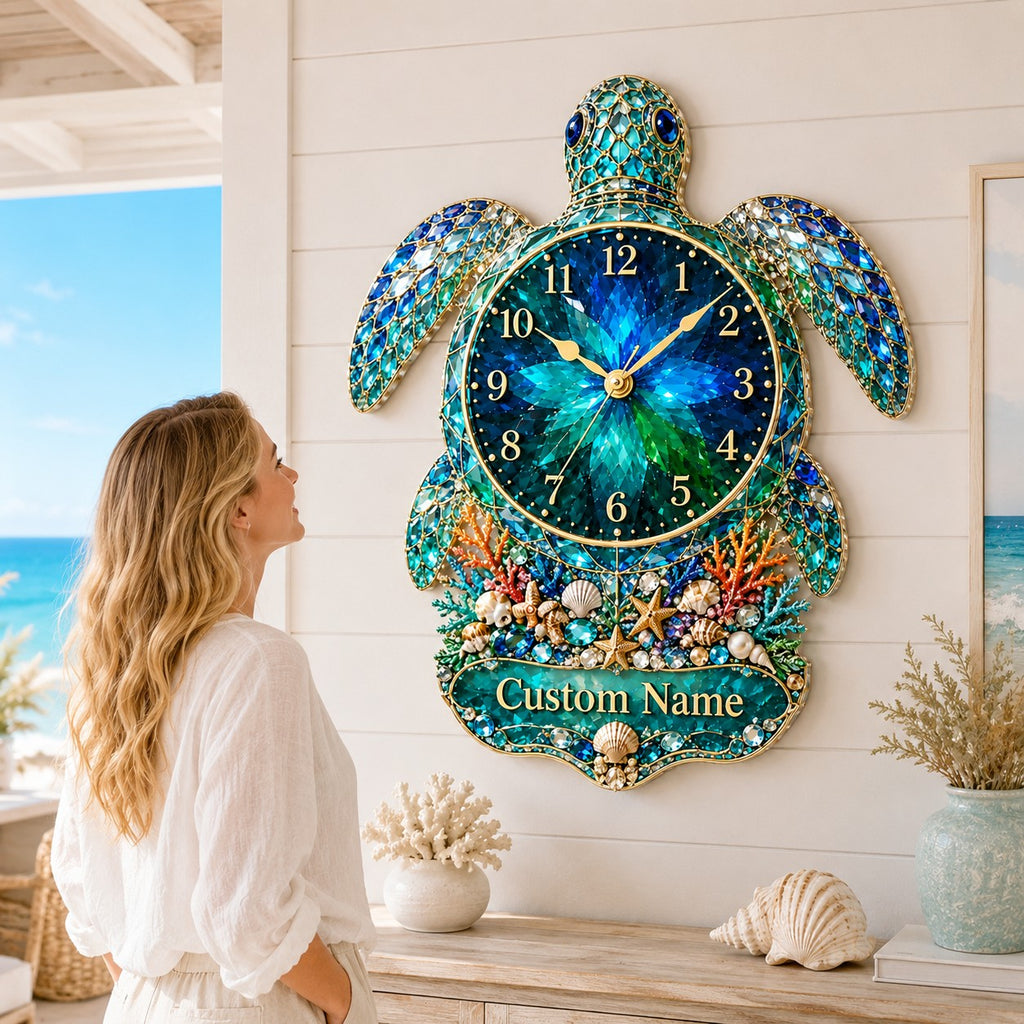 Sea turtle Custom Name Wall Clock — personalized with a custom name