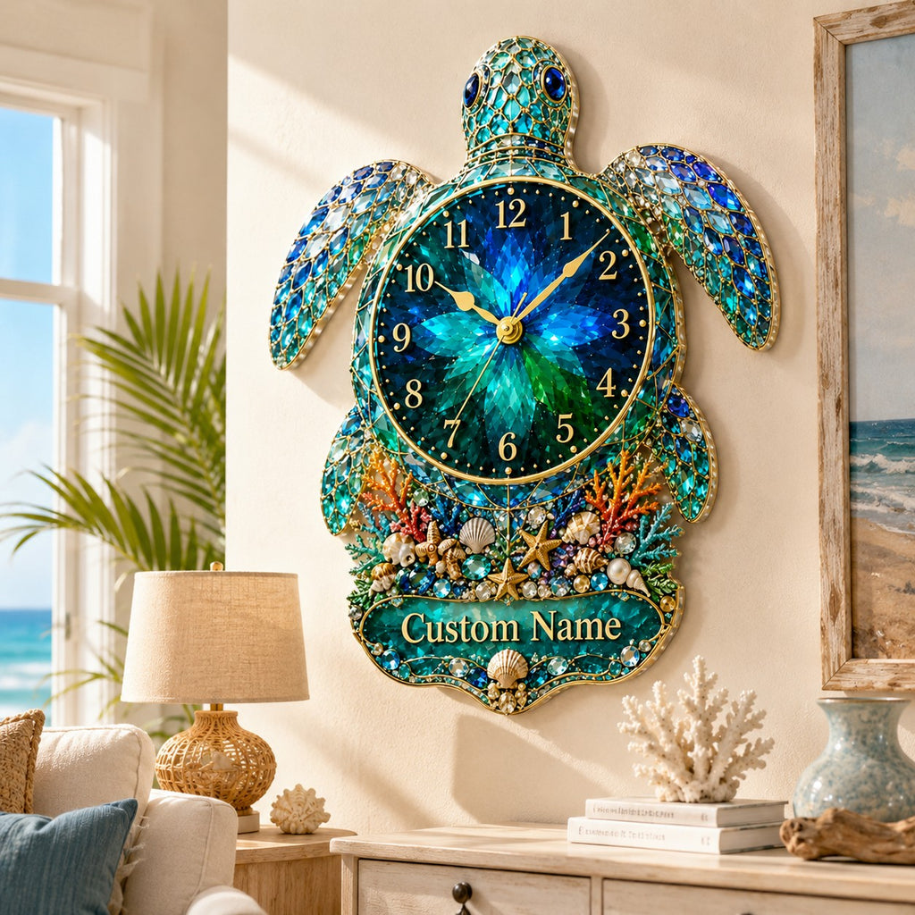 Sea turtle Custom Name Wall Clock — personalized with a custom name