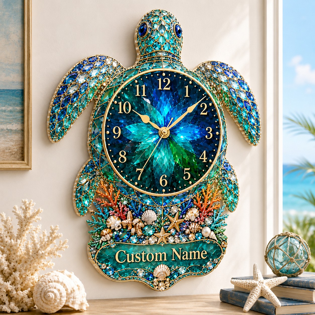Sea turtle Custom Name Wall Clock — personalized with a custom name