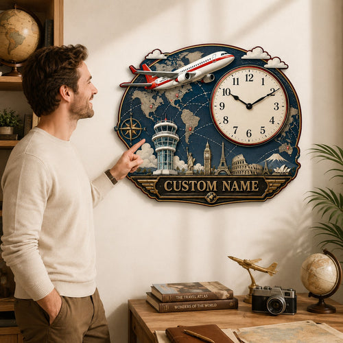 Airplane world map Custom Name Wall Clock — personalized with a custom name