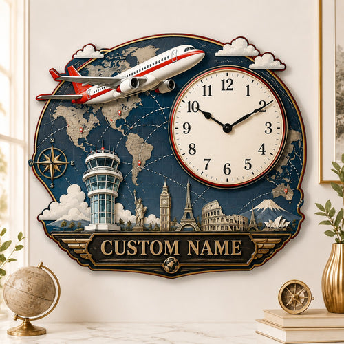 Airplane world map Custom Name Wall Clock — personalized with a custom name
