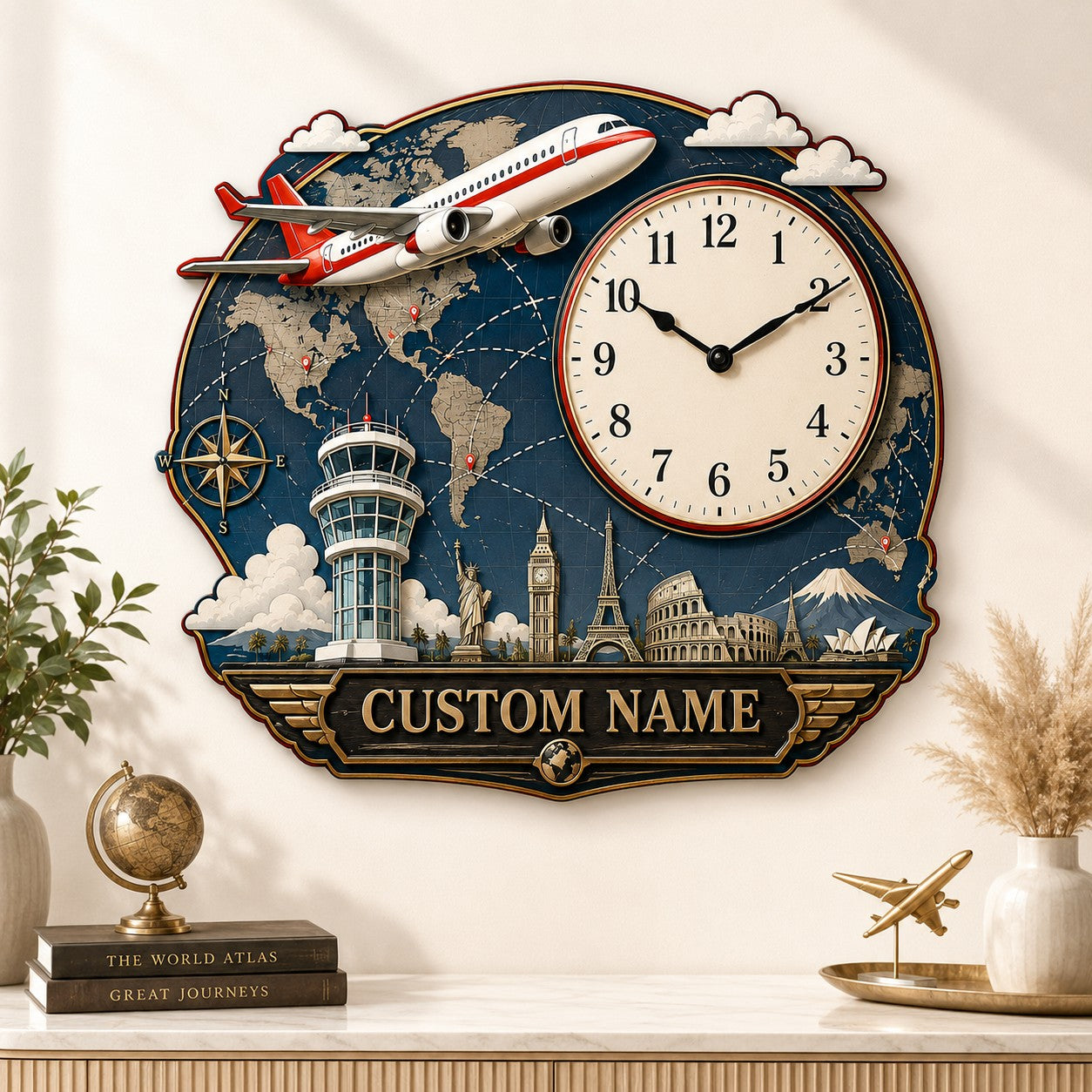 Airplane world map Custom Name Wall Clock — personalized with a custom name