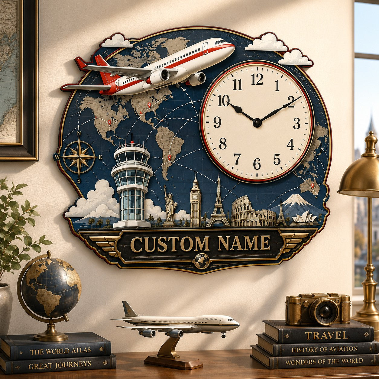 Airplane world map Custom Name Wall Clock — personalized with a custom name