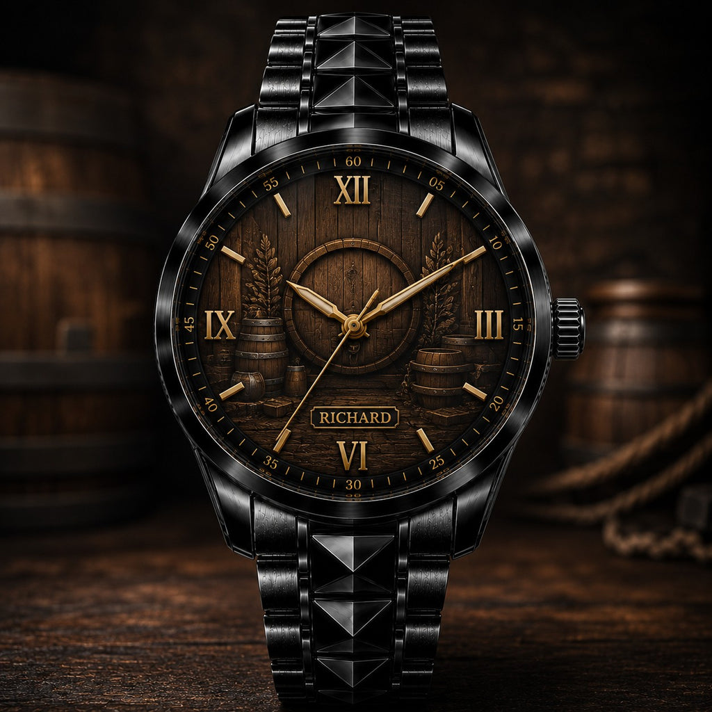 Custom Whiskey Barrel Watch — personalized with a custom name