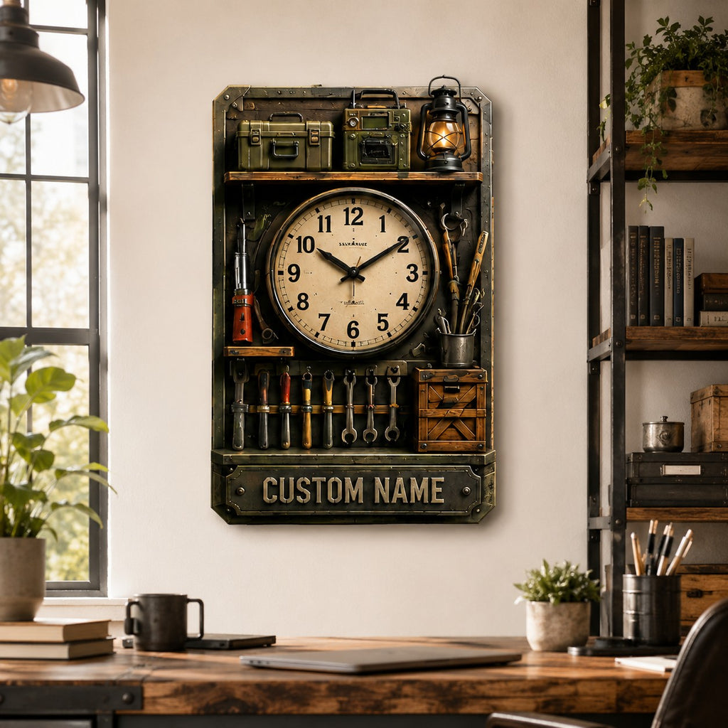 Workshop shelf Custom Name Wall Clock — personalized with a custom name