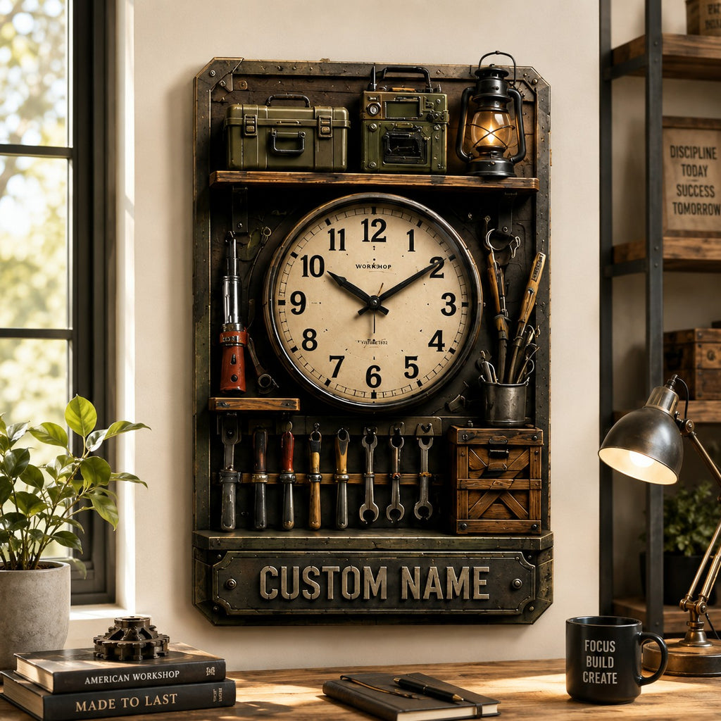 Workshop shelf Custom Name Wall Clock — personalized with a custom name