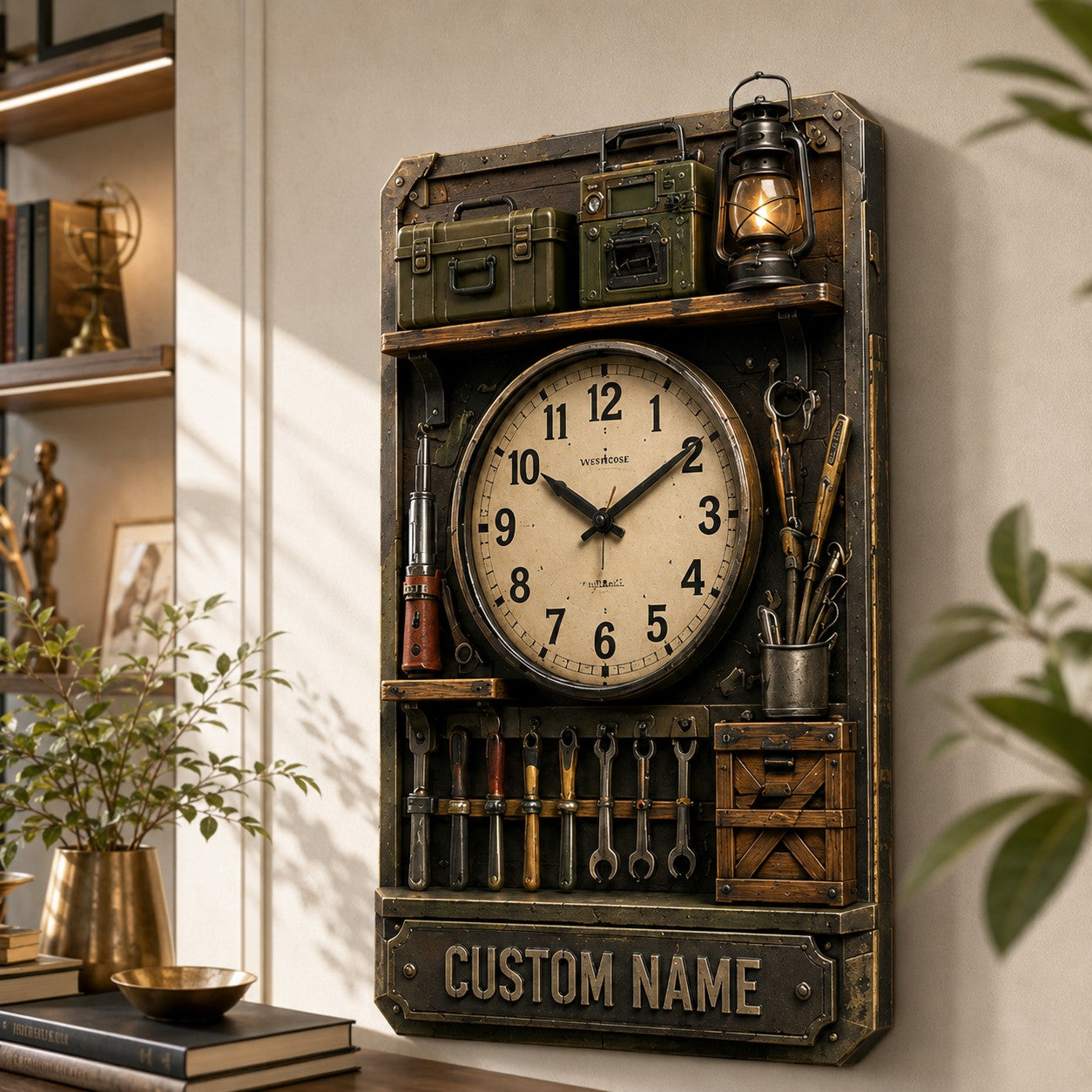Workshop shelf Custom Name Wall Clock — personalized with a custom name