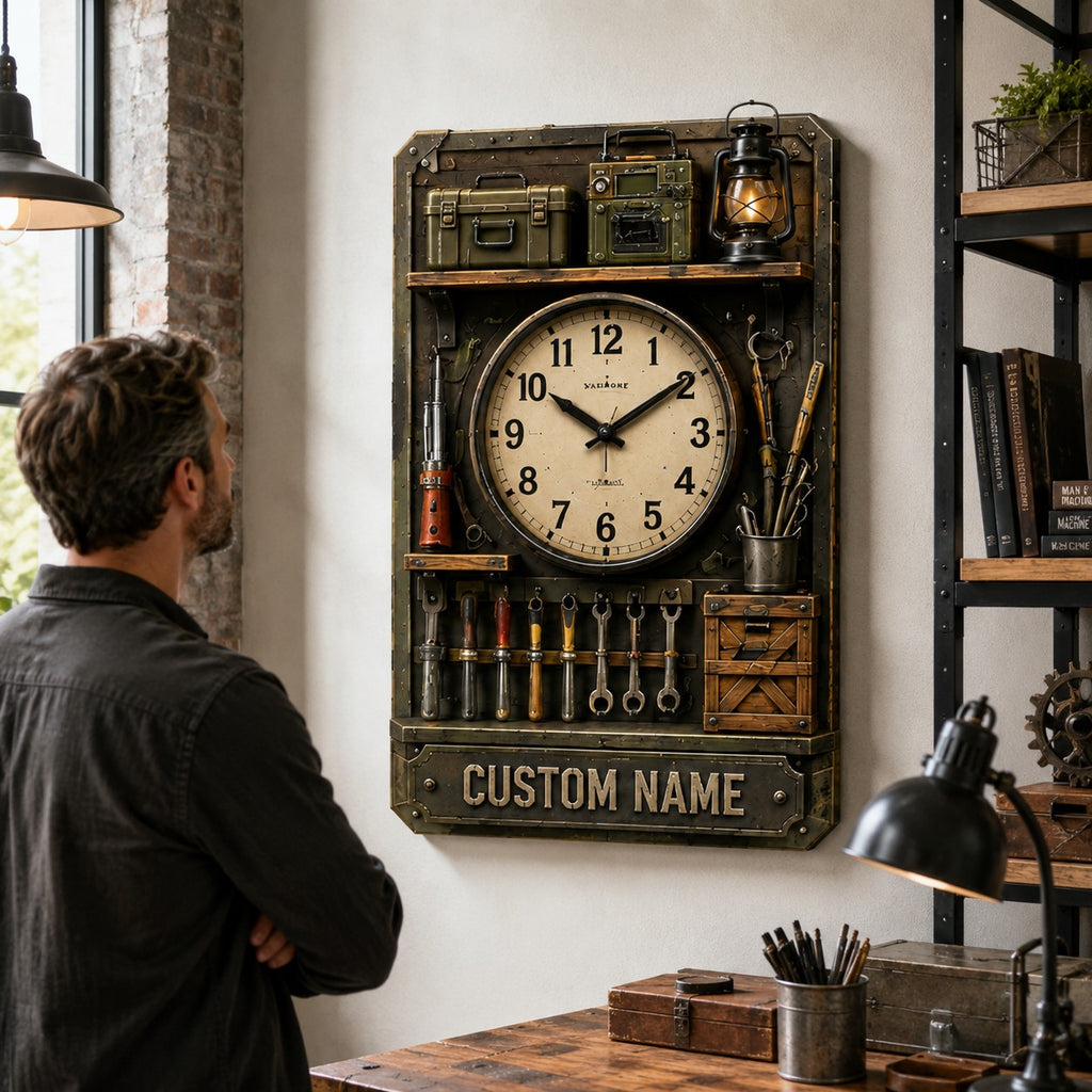 Workshop shelf Custom Name Wall Clock — personalized with a custom name