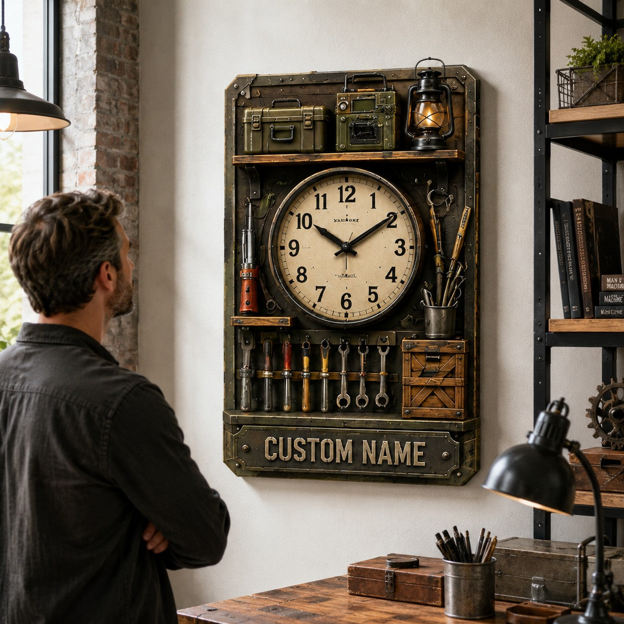 Workshop shelf Custom Name Wall Clock — personalized with a custom name