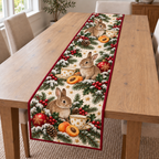 Rabbit Apricot Star Teacup printed Christmas quilted table runner; design mockup showing a flat printed depth effect.