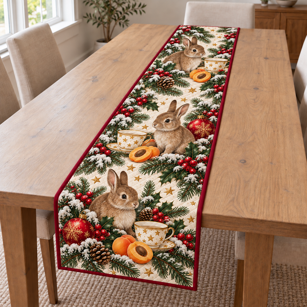 Rabbit Apricot Star Teacup printed Christmas quilted table runner; design mockup showing a flat printed depth effect.