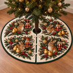 Rabbit Pear Nutcracker printed Christmas circular tree skirt; design mockup showing a flat printed depth effect.