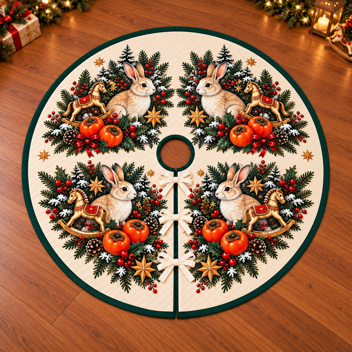 Rabbit Persimmon Golden Rocking Horse printed Christmas circular tree skirt; design mockup showing a flat printed depth effect.