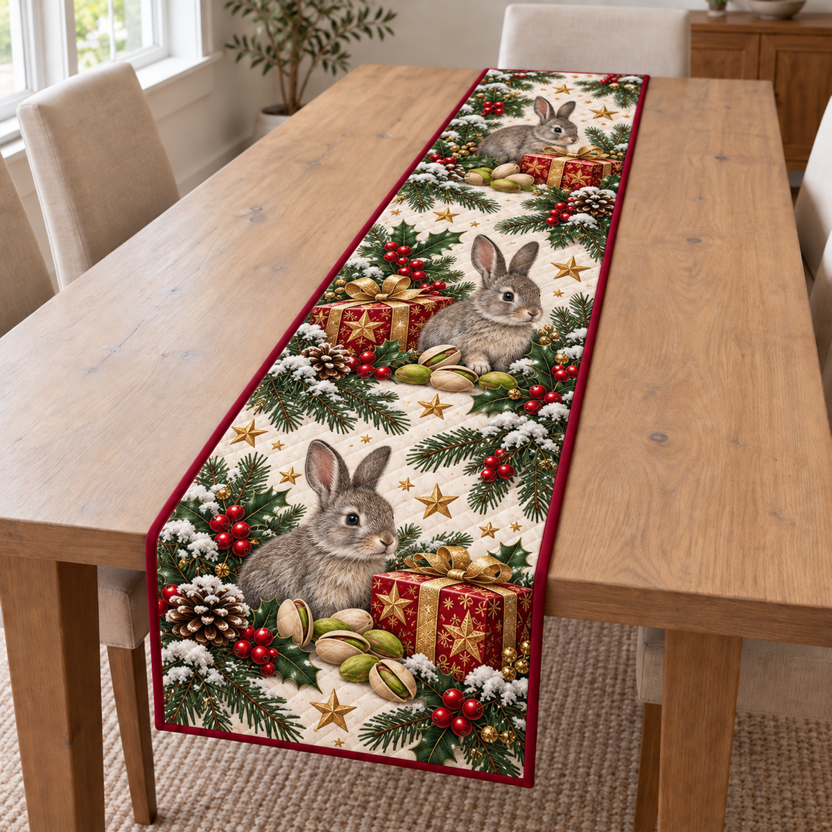 Rabbit Pistachio Star Gift printed Christmas quilted table runner; design mockup showing a flat printed depth effect.