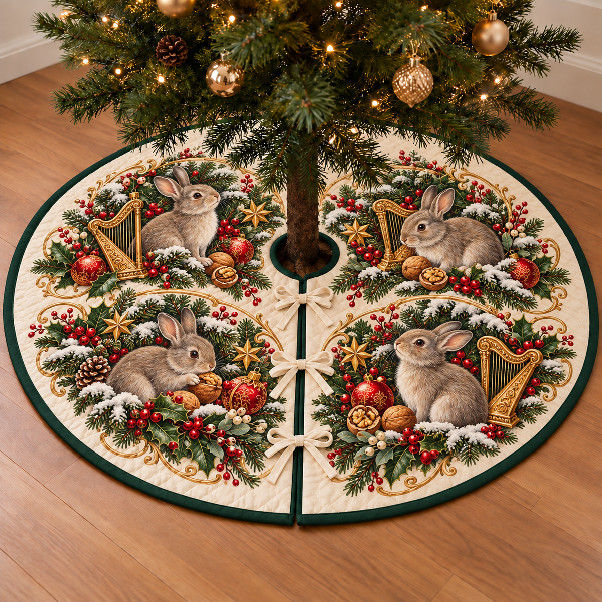 Rabbit Walnut Toy Harp printed Christmas circular tree skirt; design mockup showing a flat printed depth effect.