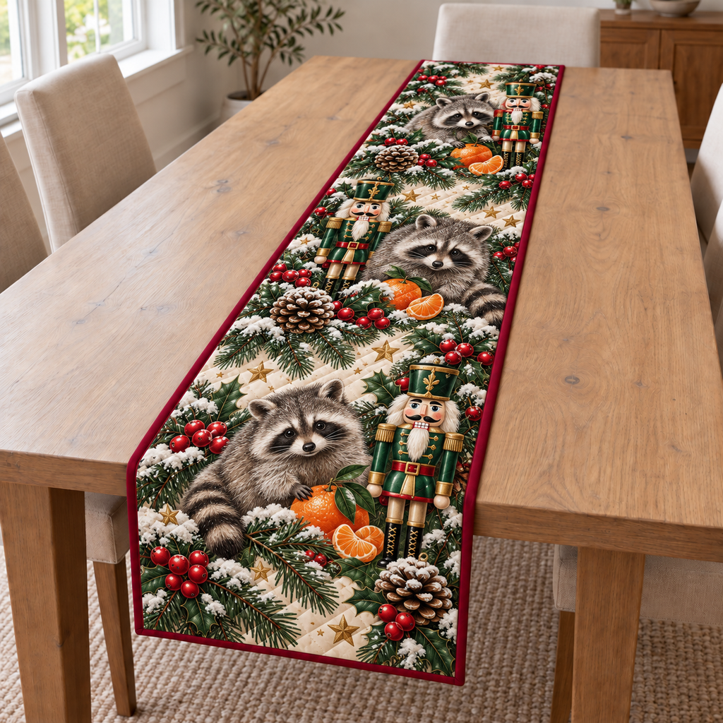 Raccoon Mandarin Nutcracker printed Christmas quilted table runner; design mockup showing a flat printed depth effect.