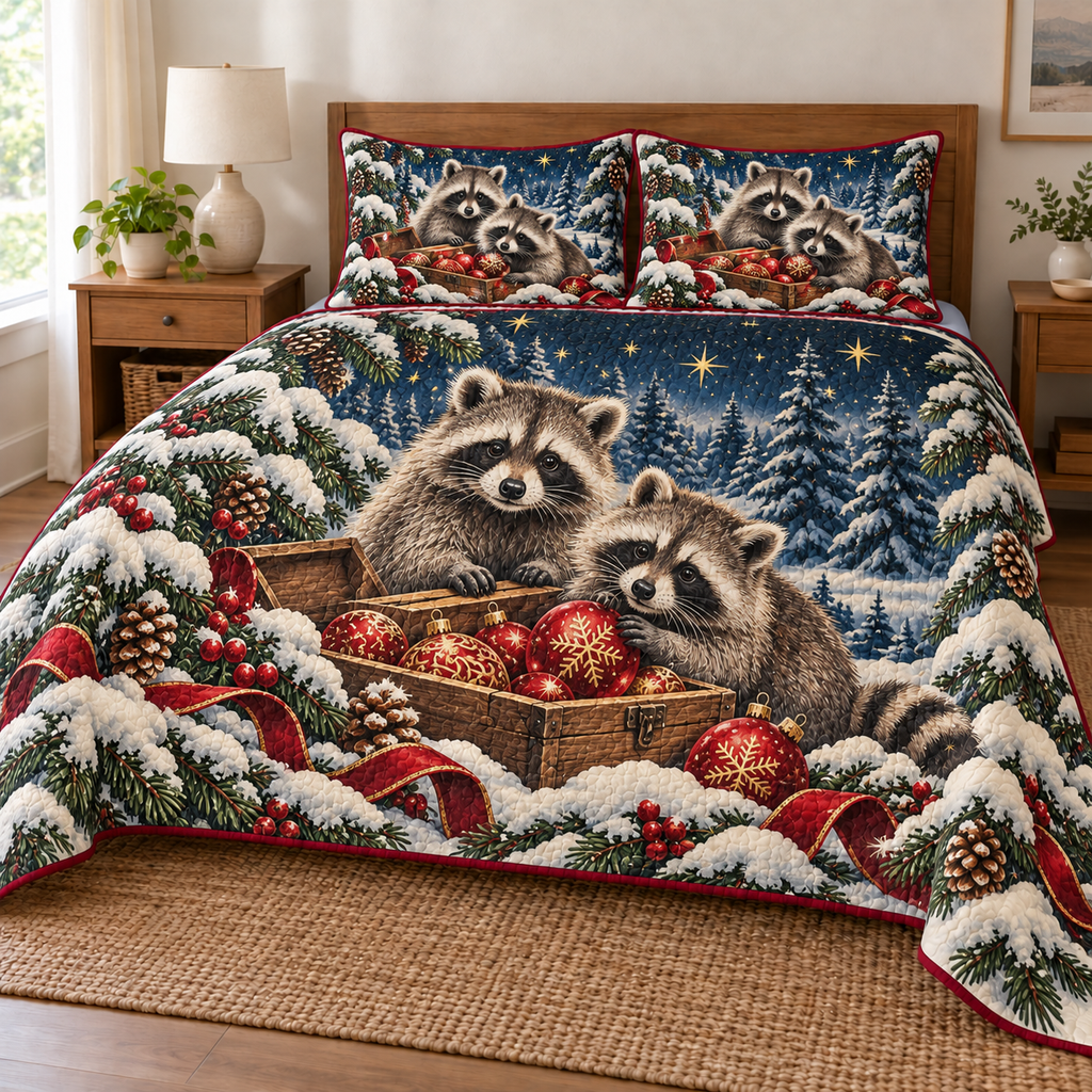 Raccoon pair with an ornament box on a navy Christmas quilt and two matching shams with cranberry binding; design mockup.