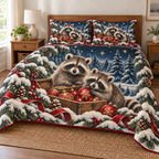 Raccoon pair with an ornament box on a navy Christmas quilt and two matching shams with cranberry binding; design mockup.