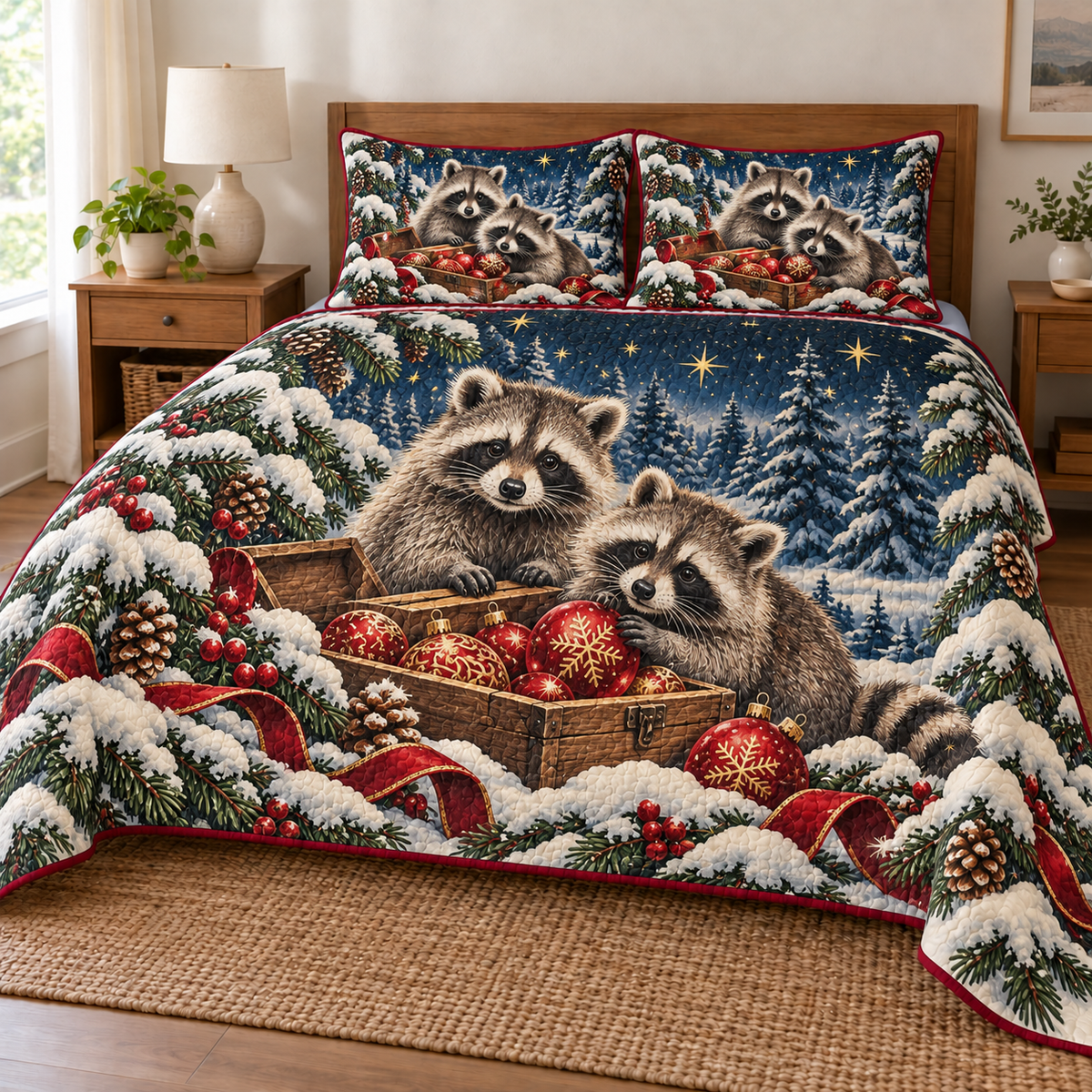 Raccoon pair with an ornament box on a navy Christmas quilt and two matching shams with cranberry binding; design mockup.
