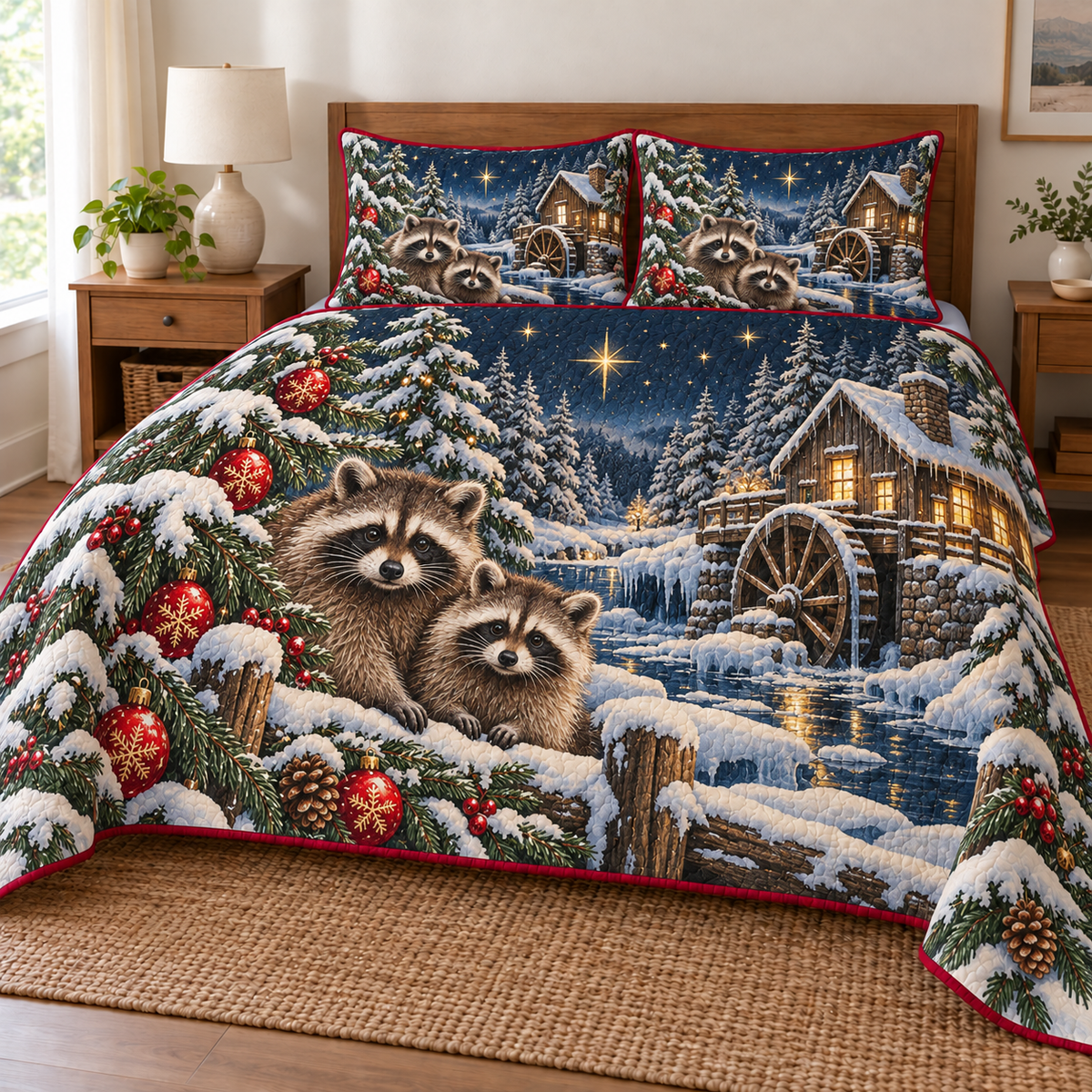 Raccoon Snowy Mill printed Christmas quilt and two matching pillow shams; design mockup showing a flat printed depth effect.