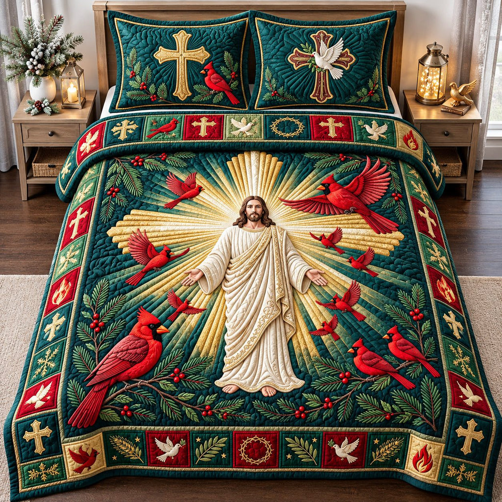 Radiant Cardinals Surrounded By His Grace quilted 3-piece bedding set on a made bed with two matching pillow shams
