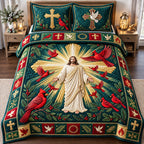 Radiant Cardinals Surrounded By His Grace quilted 3-piece bedding set on a made bed with two matching pillow shams