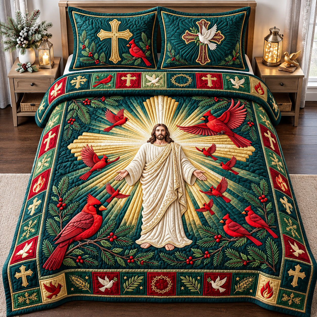 Radiant Cardinals Surrounded By His Grace quilted 3-piece bedding set on a made bed with two matching pillow shams