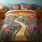 Radiant Floral Journey quilted 3-piece bedding set on a made bed with two matching pillow shams