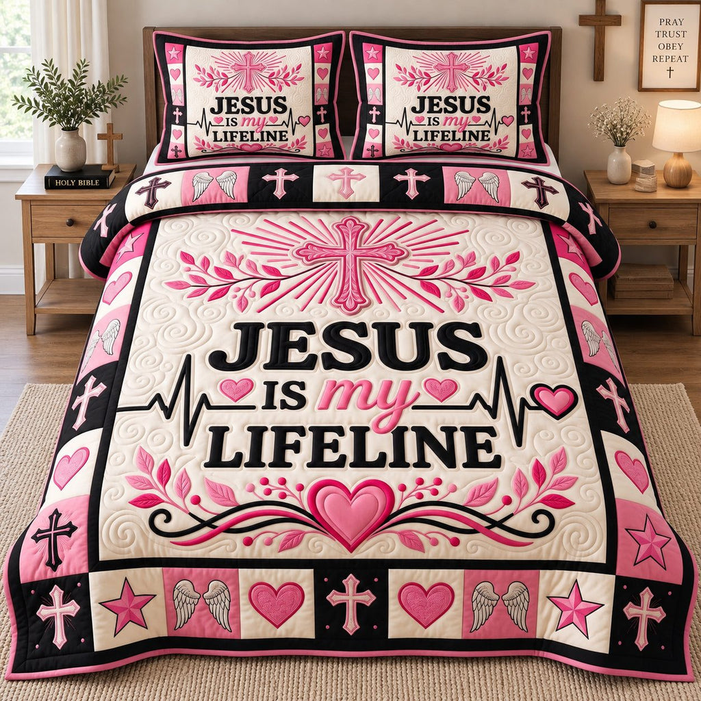 Radiant Heartbeat Cross quilted 3-piece bedding set on a made bed in a softly lit bedroom