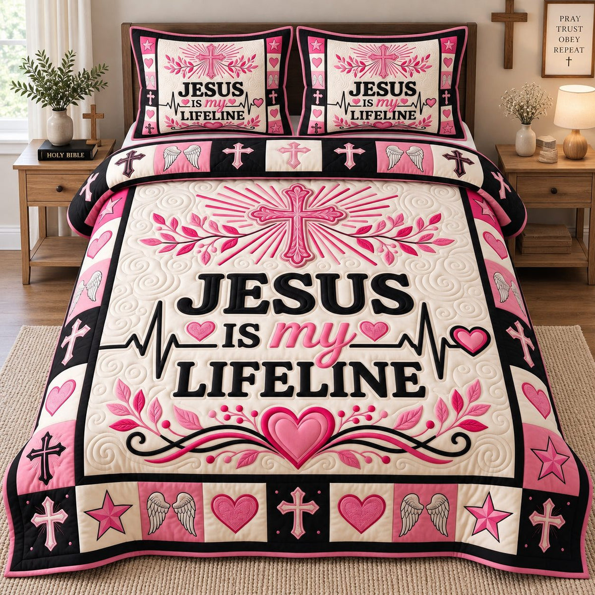 Radiant Heartbeat Cross quilted 3-piece bedding set on a made bed in a softly lit bedroom