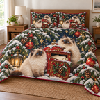 Ragdoll Cat Christmas Letterbox Quilted Bedding Set printed Christmas quilt and two matching pillow shams; design mockup showing a flat printed depth effect.