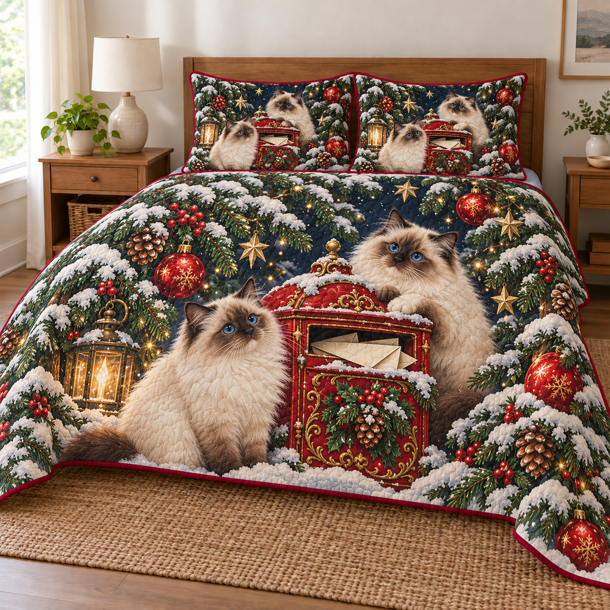 Ragdoll Cat Christmas Letterbox Quilted Bedding Set printed Christmas quilt and two matching pillow shams; design mockup showing a flat printed depth effect.