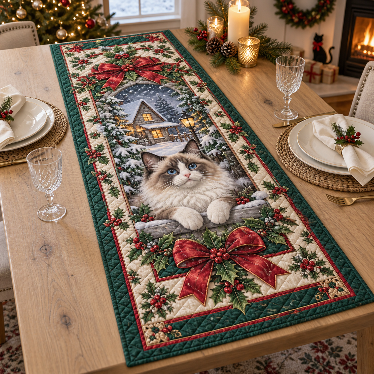 Ragdoll Cat Christmas Quilted Table Runner — digital product visualization