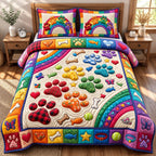 Rainbow Bone Paw Patchwork quilted 3-piece bedding set on a made bed against a dark styled interior