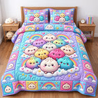 Rainbow Cloud Dumplings quilted 3-piece bedding set on a made bed with two matching pillow shams