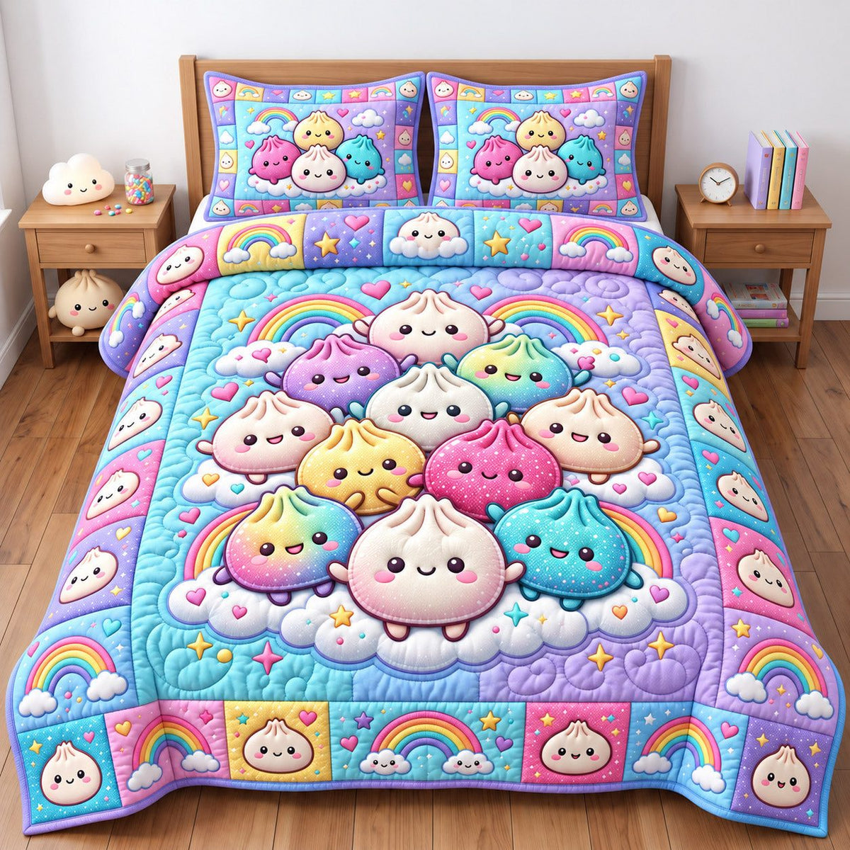 Rainbow Cloud Dumplings quilted 3-piece bedding set on a made bed with two matching pillow shams