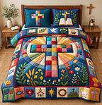 Rainbow Cross Christian Faith quilted 3-piece bedding set on a made bed in a softly lit bedroom