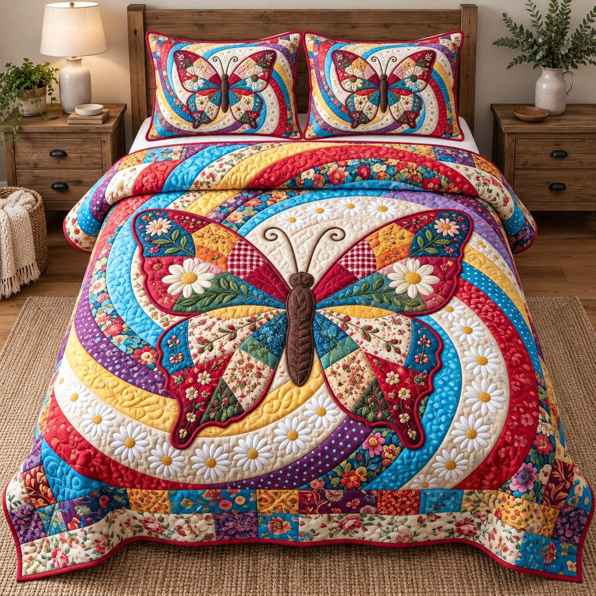 Rainbow Daisy Swirl Butterfly quilted 3-piece bedding set on a made bed with two matching pillow shams