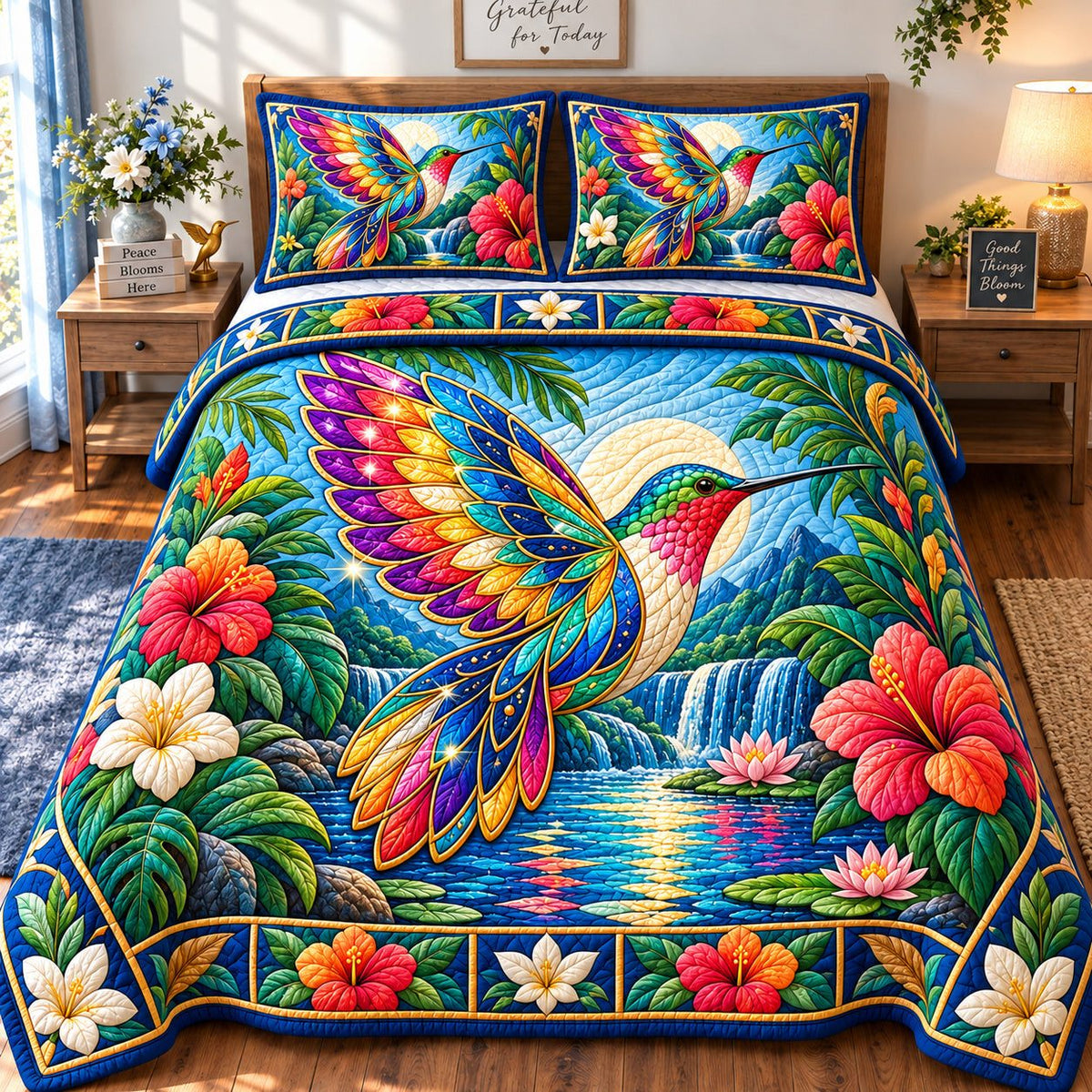 Rainbow Kaleidoscope Hummingbird quilted 3-piece bedding set on a made bed with two matching pillow shams