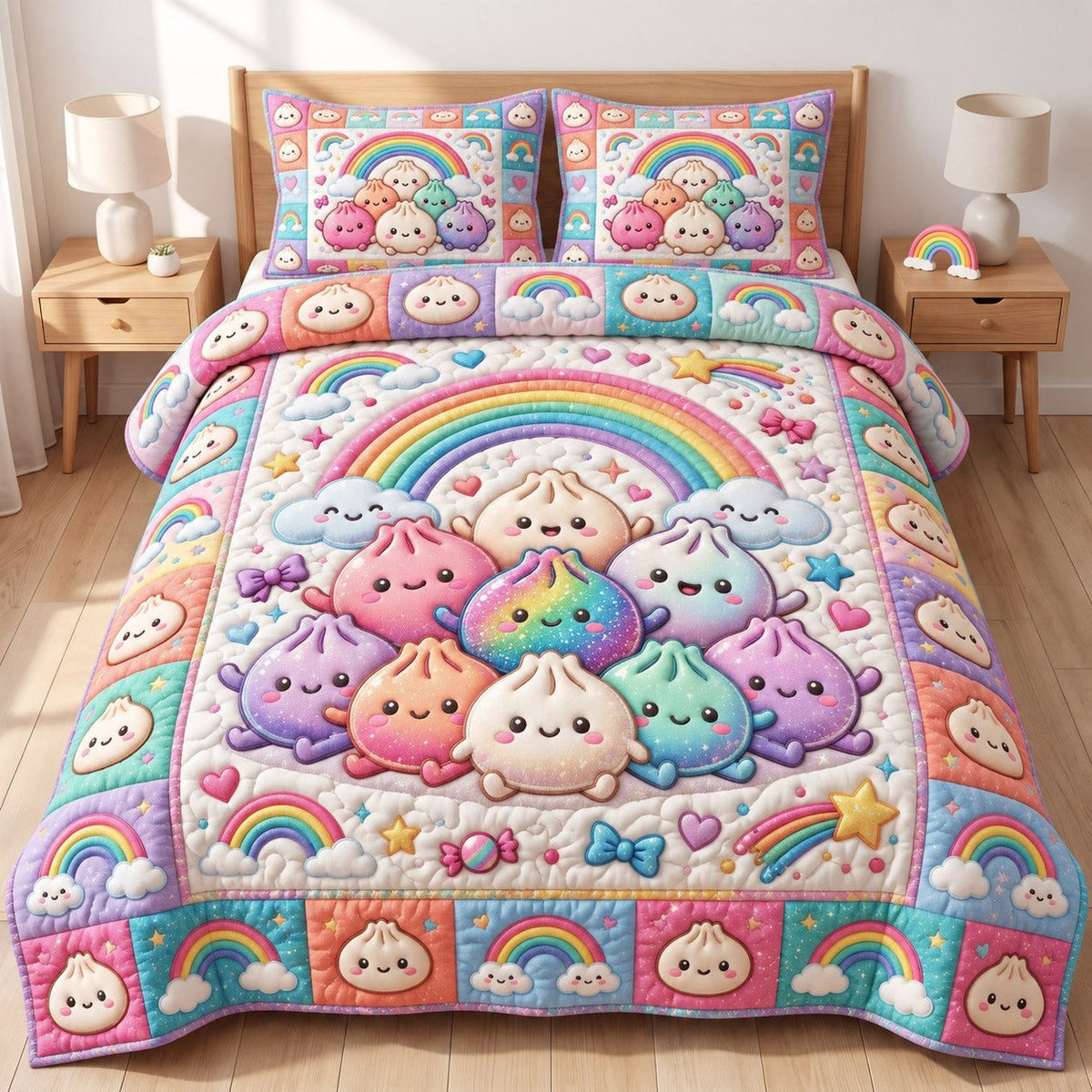 Rainbow Kawaii Dumplings quilted 3-piece bedding set on a made bed with two matching pillow shams