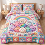 Rainbow Kawaii Dumplings quilted 3-piece bedding set on a made bed with two matching pillow shams