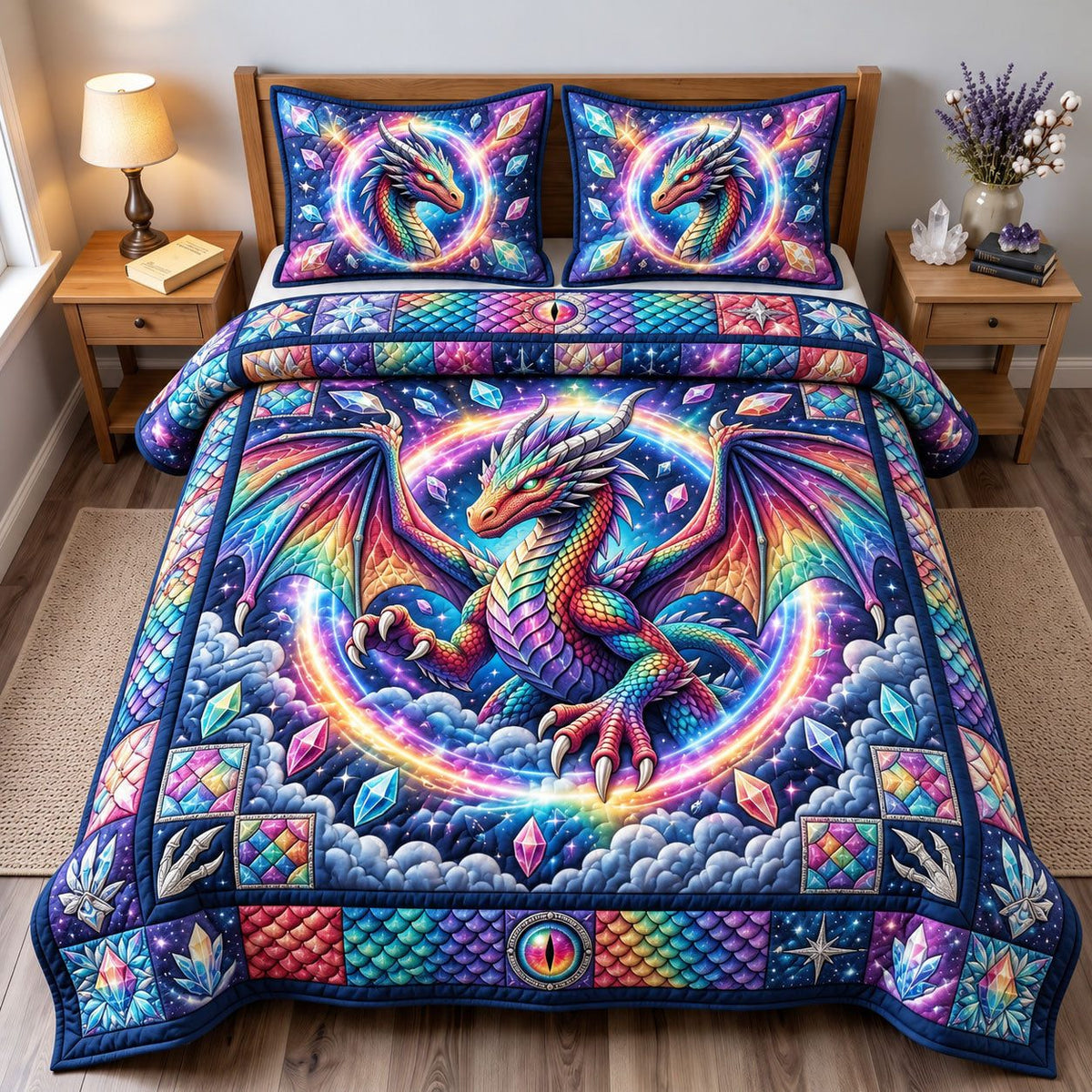Rainbow Neon Dragon quilted 3-piece bedding set on a made bed with two matching pillow shams