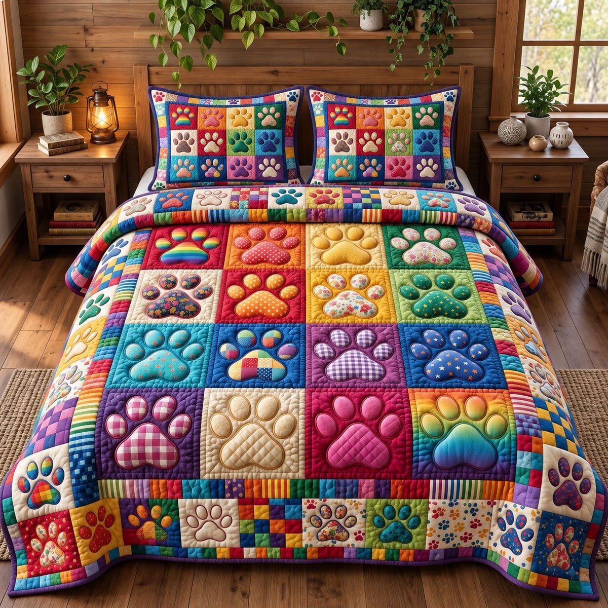 Rainbow Paw Print Blocks quilted 3-piece bedding set on a made bed with two matching pillow shams