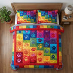 Rainbow Paws quilted 3-piece bedding set on a made bed with two matching pillow shams