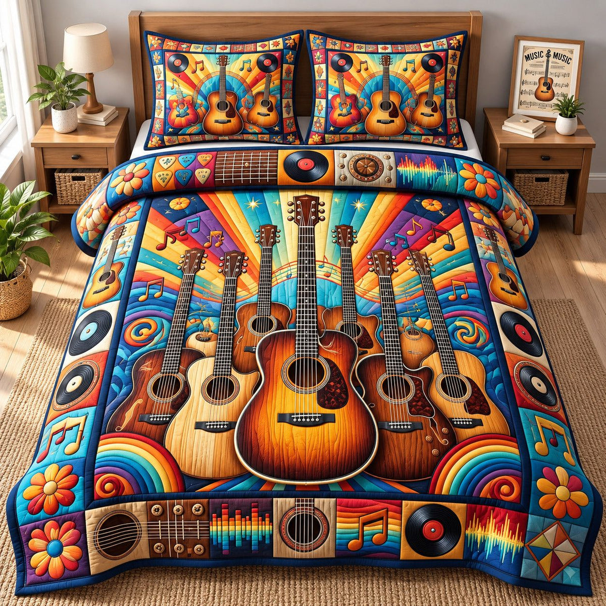 Rainbow Rays Acoustic Guitar Quartet quilted 3-piece bedding set on a made bed with two matching pillow shams