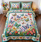 Rainbow Wings Patchwork Butterfly quilted 3-piece bedding set on a made bed in a farmhouse bedroom